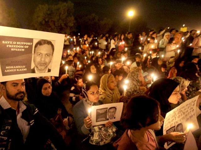 A group of senior journalists, social activists and supporters of freelance journalist Mohammed Ahmed Kazmi protest to demand immediate and unconditional release of the scribe arrested in connection with the bombing of an Israeli diplomat's vehicle in New Delhi. PTI/Vijay Verma