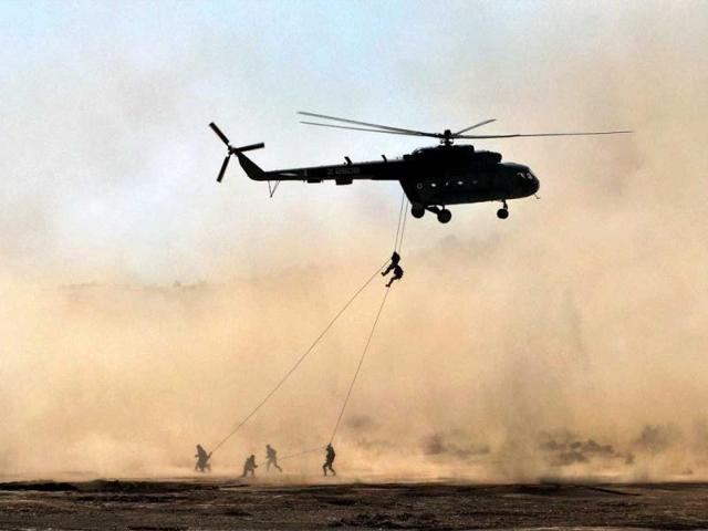 Soldiers of Indian and US armies at Indo-US military exercise Yudh Abhyas in Mahajan in Jaisalmer. The US army is being represented by troops from 25 Infantry Division in the two-week long exercise that began March 5. PTI Photo