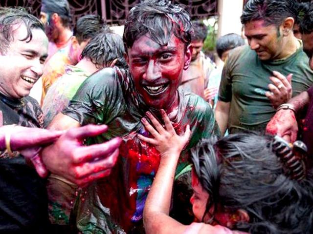 Devotees celebrate Holi at a temple in Kuala Lumpur. AFP Photo/Mohd Rasfan