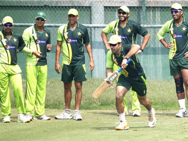 Pakistani players attend a training session in Dhaka, Bangladesh. AP Photo/Aijaz Rahi.