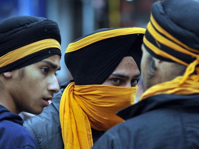 Kashmiri Sikhs hold a protest at a temple in Srinagar against the proposed hanging of Beant Singh murder convict Balwant Singh Rajoana in Punjab. AFP Photo/Tauseef Mustafa