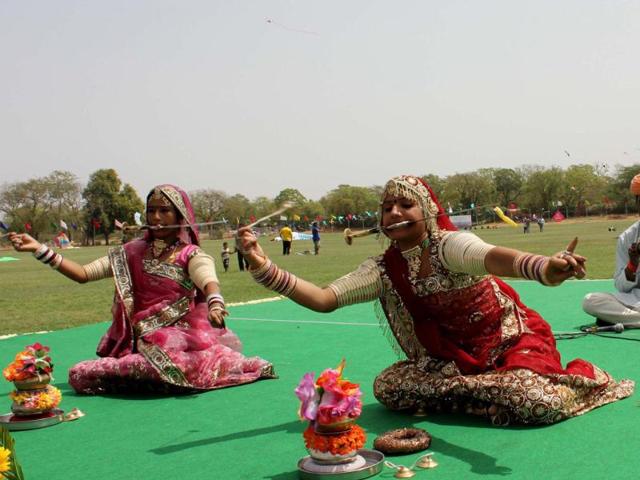 A dance performance during International Kite Festival, organised by Rajasthan Toursim Develoment Corporation on Rajasthan Day at Polo Ground in Jaipur. Agencies