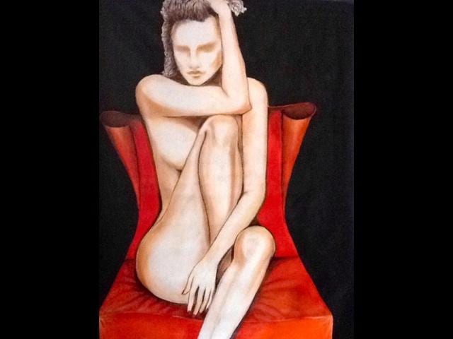 Meenakshi Sharma depicts a woman in her own self. Here the mood of the woman is 'I am what I am'.