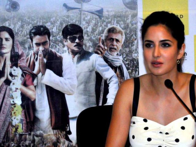 Katrina Kaif speaks while she unveils the book of producer-director Prakash Jha's film Raajneeti. (AFP)