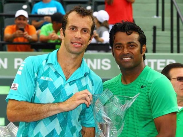 Leander Paes of India and Radek Stepanek of the Czech Republic celebrate their win against Max Mirnyi of Belarus and Daniel Nestor of Canada during the Men's Doubles Finals on Day 13 at Crandon Park Tennis Center at the Sony Ericsson Open in Key Biscayne, Florida. AFP/Al Bello