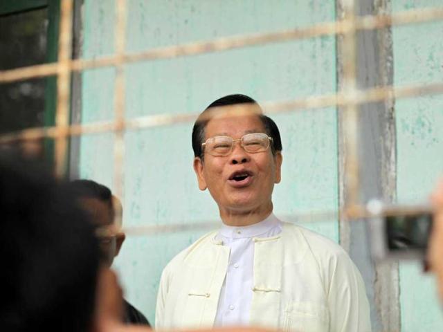 Former Myanmar prime minister and military intelligence chief Khin Nyunt arrives to cast his vote at a polling station in Yangon. AFP/Ye Aung Thu