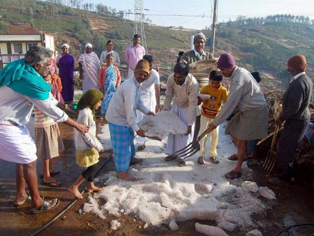 A sudden bout of hailstorm was witnessed in Kanduri village near Ooty. PTI photo