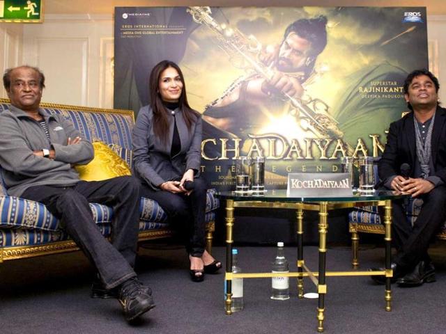 (L-R) Actor Rajnikanth, director Soundarya, music composer AR Rahman and producer J. Murali Manohar pose during the promotion of their film Kochadaiyaan. (L-R) Actor Rajnikanth, director Soundarya, music composer AR Rahman and producer J. Murali Manohar pose during the promotion of their film Kochadaiyaan.