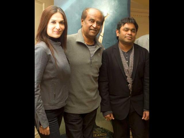 Actor Rajinikanth (centre) poses with his director daughter Soundarya Rajinikanth and music composer AR Rahman (right) at a photo call for Kochadaiyaan: The Legend, at a west London hotel. Actor Rajinikanth (centre) poses with his director daughter Soundarya Rajinikanth and music composer AR Rahman (right) at a photo call for Kochadaiyaan: The Legend, at a west London hotel.