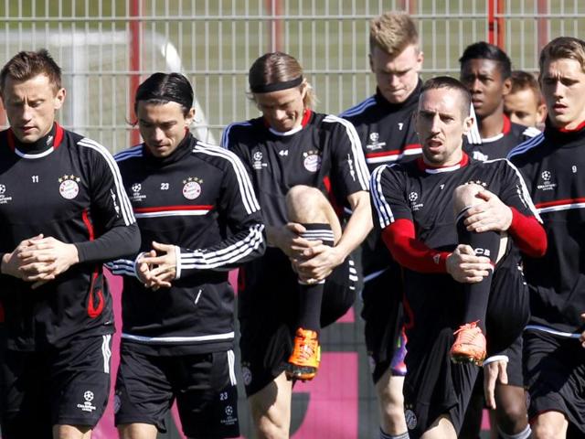 Bayern Munich players practice during a training session in Munich, southern Germany. AP Photo/Matthias Schrader