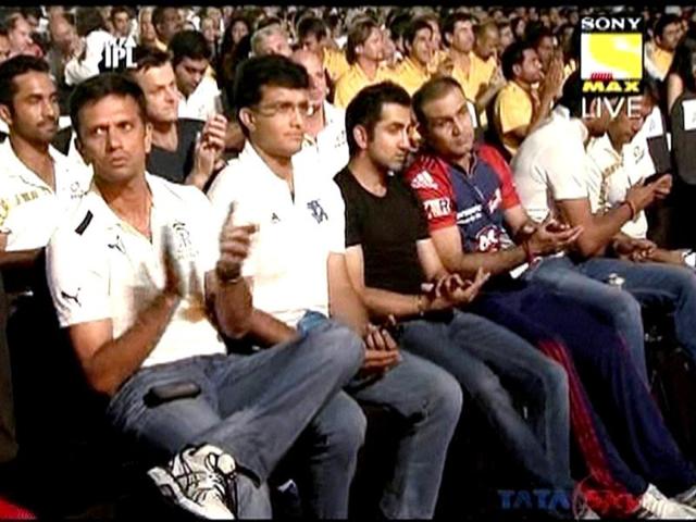 Captains of IPL5 teams during the opening ceremony of the Indian Premier League in Chennai. PTI/TV grab