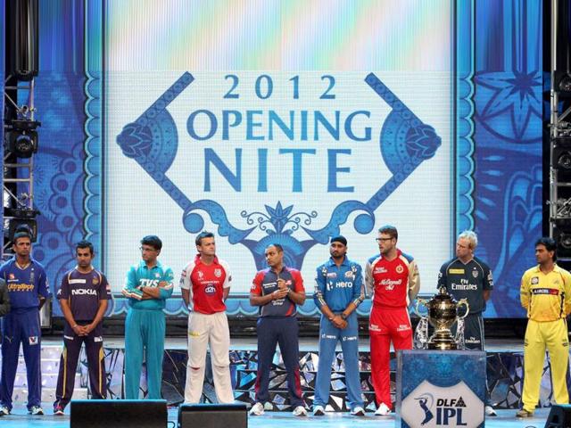 Nine captains of IPL playing teams pose during the opening night function and concert held at the YMCA College of Physical Education Grounds, Nandanam, Chennai. PTI photo