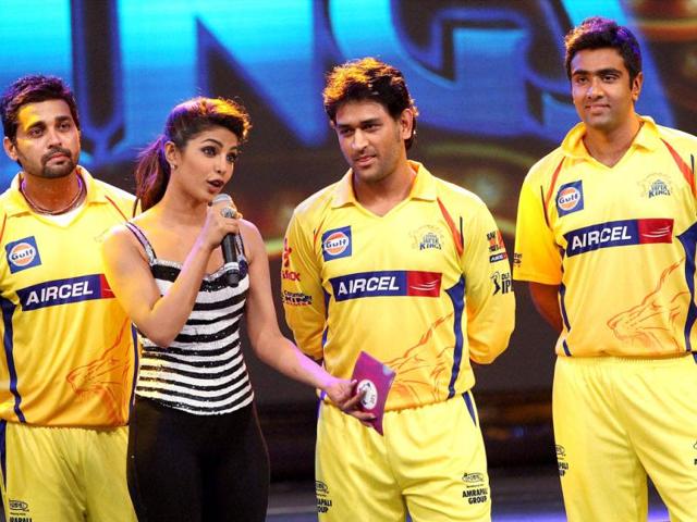Actress Priyanka Chopra talks to MS Dhoni and other CSK players during the opening ceremony of the 5th edition of Indian Premier League in Chennai. PTI/TV grab