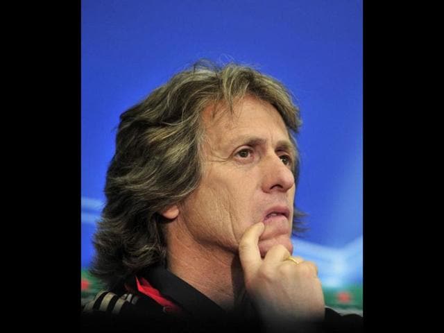 Benfica's Portuguese Coach Jorge Jesus gives a press conference ahead of their UEFA Champions League quarter-final second leg football match against Chelsea at Stamford Bridge, London, England. AFP/Glyn Kirk