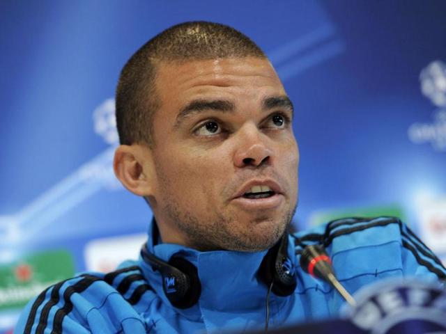 Real Madrid's Portuguese defender Pepe gives a press conference in Madrid, on the eve of their UEFA Champions League second leg quarter final football match against Apoel Nicosia. AFP/ Dani Pozo