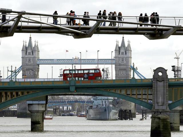 Pedestrians cross the Millenium Bridge spanning the Thames River in London. The bridge is officially known as the London Millennium Footbridge. Reuters/Stefan Wermuth, Files