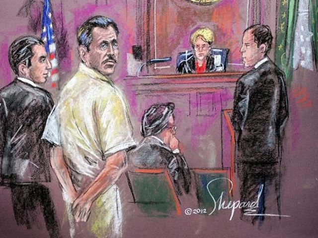 This courtroom sketch by Shirley Shepard shows Viktor Bout (in white) standing before Federal Judge Shira A. Scheindlin during his sentencing in New York. Bout was convicted of conspiring to sell millions of dollars worth of weapons, including antiaircraft missiles, to men he believed were terrorists intending to kill Americans. AFP PHOTO/Shirley Shepard