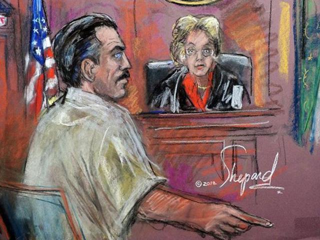 This courtroom sketch by Shirley Shepard shows Viktor Bout (in white) seated before Federal Judge Shira A. Scheindlin during his sentencing in New York. Bout was convicted of conspiring to sell millions of dollars worth of weapons, including antiaircraft missiles, to men he believed were terrorists intending to kill Americans. AFP PHOTO/Shirley Shepard