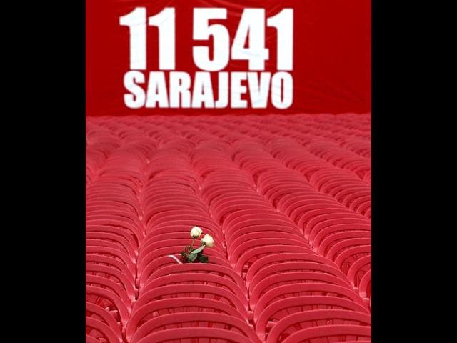 11,541 red chairs are pictured along Titova street in Sarajevo as the city marks the 20th anniversary of the start of the Bosnian war. Reuters photo/Dado Ruvic