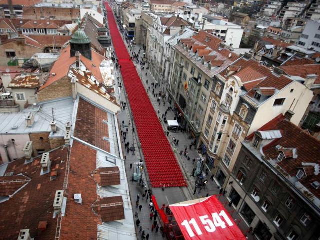 11,541 red chairs are pictured along Titova street in Sarajevo as the city marks the 20th anniversary of the start of the Bosnian war. Reuters photo/Dado Ruvic
