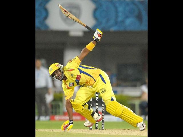Chennai Super Kings batsman Dwayne Bravo slips after playing a shot during the IPL Twenty20 cricket match between Chennai Super Kings and Deccan Chargers at The Dr. YS Rajasekhara Reddy Cricket Stadium in Visakhapatnam. AFP