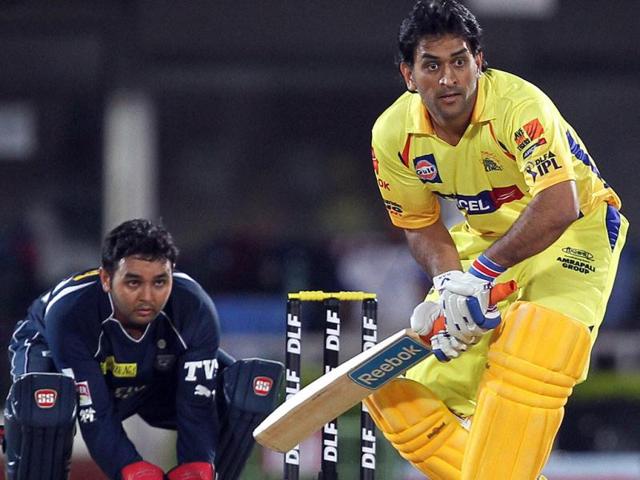 Chennai Super Kings M S Dhoni plays a shot against Deccan Chargers during their IPL-5 match in Visakhapatnam. (PTI Photo/Ashok Bhaumik)
