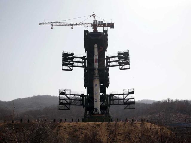 The Unha-3 (Milky Way 3) rocket is pictured on a launch pad at the West Sea Satellite Launch Site during a guided media tour by North Korean authorities in the northwest of Pyongyang. North Korea has readied a rocket for a launch from a forested valley in its remote northwest this week that will showcase the reclusive state's ability to fire a missile with the capacity to hit the continental United States. REUTERS/Bobby Yip