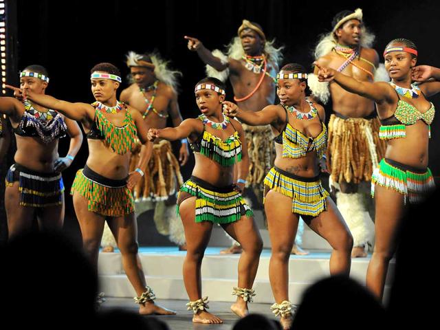 African dancers perform during the Mr Gay World 2012 contest at the Grand Finale in Johannesburg. Andreas, one of 25 Gay from around the world taking part in the competition, was crowned Mr Gay World 2012. AFP/Alexander Joe