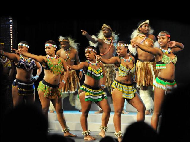 African dancers perform during the Mr Gay World 2012 contest at the Grand Finale in Johannesburg. Andreas, one of 25 Gay from around the world taking part in the competition, was crowned Mr Gay World 2012. AFP PHOTO / ALEXANDER JOE
