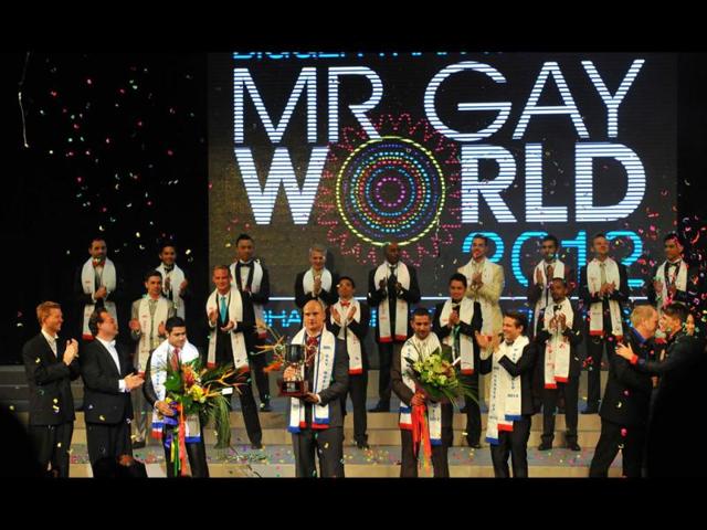 Andreas Derlrth, 32, of New Zealand looks on during the Mr Gay World 2012 contest at the Grand Finale in Johannesburg. Andreas, one of 25 Gay from around the world taking part in the competition, was crowned Mr Gay World 2012. AFP PHOTO / ALEXANDER JOE