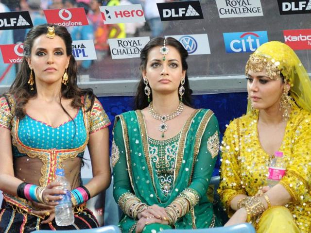 Neha Dhupia, Dia Mirza and Preeti Zinta at the opening ceremony of the Subrata Roy Sahara stadium during match 8 of the Indian Premier League (IPL) 2012 between The Pune Warriors India and the Kings X1 Punjab held in Pune on April 8. (PTI Photo)
