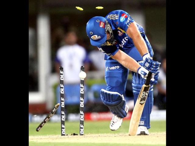 Levi of Mumbai Indians is bowled by Stein of Deccan Chargers during the IPL match at YSR Stadium, Vishakhapatnam. (HT Photo/Subhendu Ghosh)