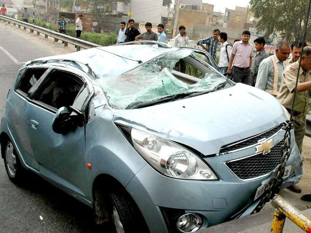 A Chevrolet Beat car after an accident near Hero Honda Chowk in Gurgaon in which one boy and a girl were injured. HT/Parveen Kumar