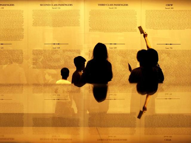 Visitors look at the RMS Titanic survivors list at an exhibition featuring artifacts recovered from the vessel at the ArtScience Museum at the Marina Bay Sands in Singapore. RMS Titanic began its maiden voyage 100 years ago on April 10, 1912. (Reuters/Tim Chong)