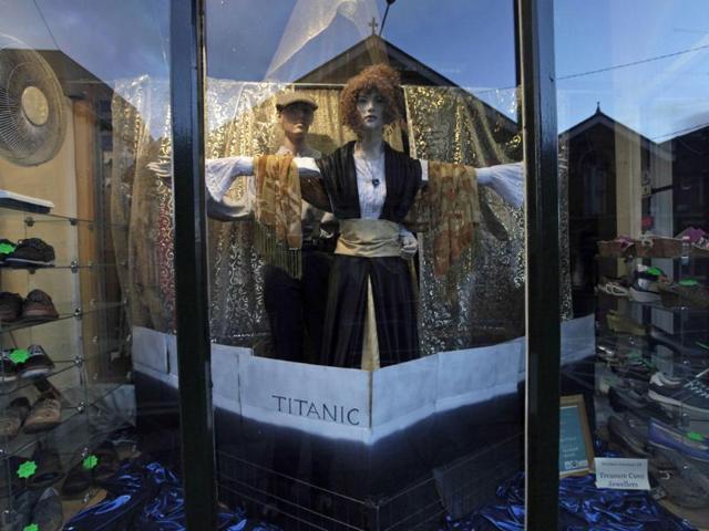 A shop with a window decorated with the Titanic movie theme is seen in Cobh, Ireland, the first stop of the MS Balmoral Titanic memorial cruise. (AP Photo/Lefteris Pitarakis)