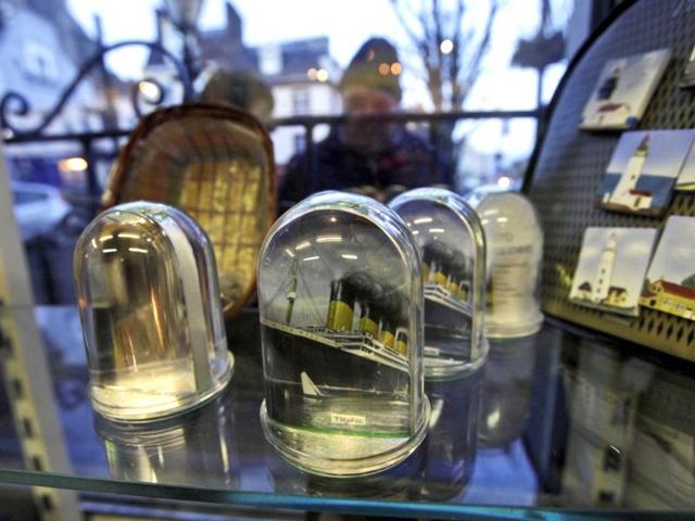 Titanic souvenirs are displayed at a shop in Cobh, Ireland, the first stop of the MS Balmoral Titanic memorial cruise. (AP Photo/Lefteris Pitarakis)