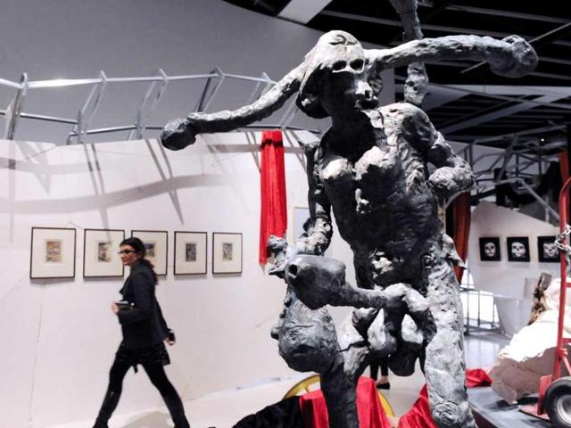 'Der Propagandist' bronze statue of German artist Jonathan Meese is displayed during the exhibition The Masters Of Disorder, focused on shamanism. AFP/Mehdi Fedouach