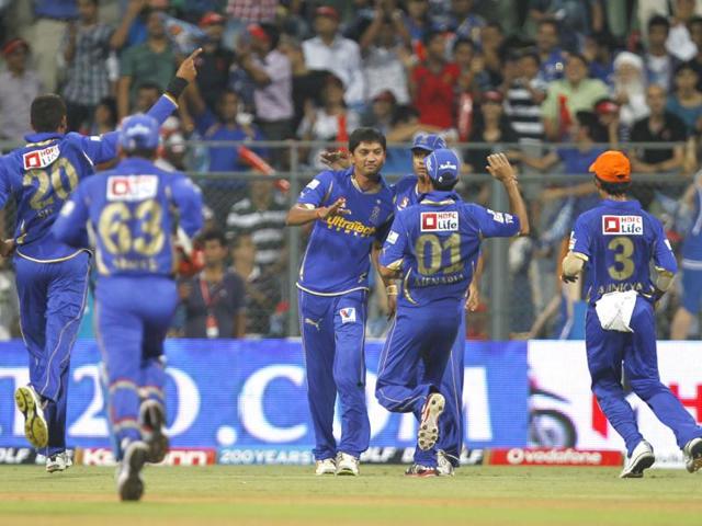 Rajasthan Royals players celebtrate the wicket of Mumbai Indian batsman TL suman during the IPL T20 match between Mumbai Indians and Rajasthan Royals at Wankhade stadium, in mumbai. HT Photo/Vijayanand Gupta