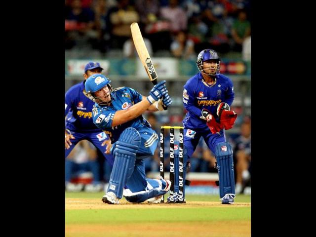 Mumbai Indian's Richard Levi plays a shot during the IPL5 match against Rajasthan Royals in Mumbai on Wednesday. PTI Photo/Santosh Hirlekar