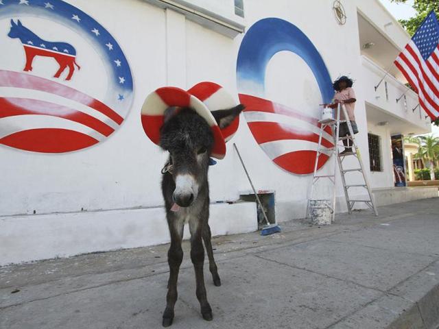 A donkey foal named Demo by its owner, Silvio Carrasquilla, stands dressed as the mascot of the US Democratic Party as a worker paints Carrasquilla's house to welcome President Barack Obama to the VI America's Summit to be held in Cartagena, in Turbaco, near Cartagena. Carrasquilla, Turbaco's former mayor who considers himself Colombia's number one Obama fan, is sprucing up his house by painting it the red, white and blue of the US flag to celebrate Obama's arrival. Reuters/Joaquin Sarmiento