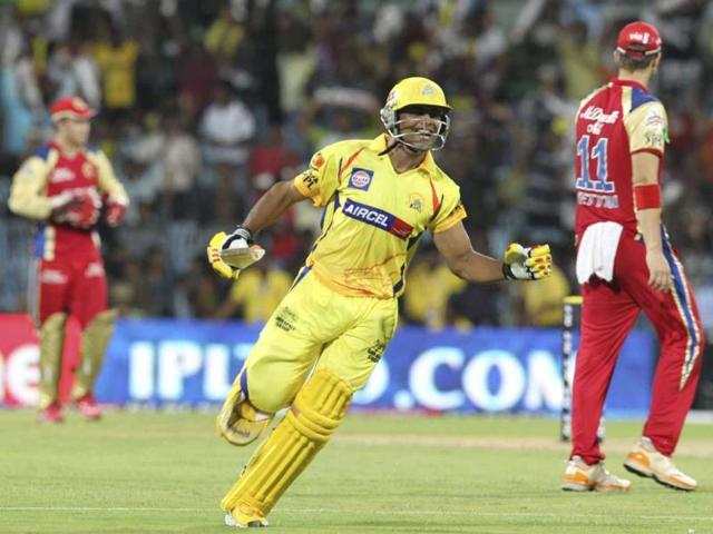 Chennai Super Kings batsman Ravindra Jadeja celebrates his team's winning shot during the IPL Twenty20 cricket match between Chennai Super Kings and Royal Challengers Bangalore at The M.A. Chidambaram Stadium in Chennai. AFP Photo/Seshadri Sukumar