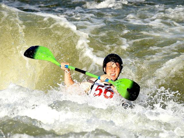 Simon Ranagan #56 competes in the Men's K1 of the 2012 US Olympic Trials for Whitewater Slalom at the US National Whitewater Center in Charlotte, North Carolina. AFP photos