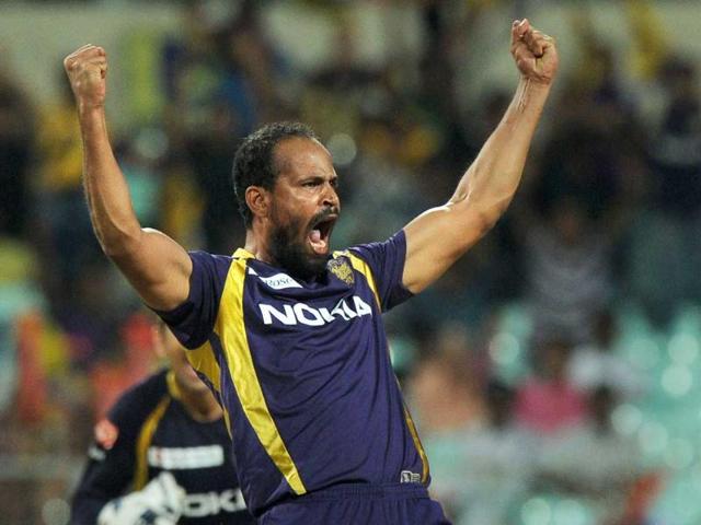 Kolkata Knight Riders bowler Yusuf Pathan celebrates after the dismissal of Rajasthan Royals batsman Ashok Mineria during the IPL Twenty20 cricket match at the Eden Gardens in Kolkata. AFP Photo/Dibyangshu Sarkar