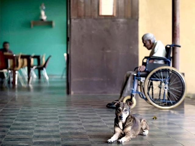 A dog sits near a man on a wheelchair in a home for the elderly in Masaya, about 25 km (16 miles) from Managua. Around 52 elderly people, mostly abandoned by their relatives, live in the retirement home called San Antonio that was built in 1911. Reuters/Oswaldo Rivas