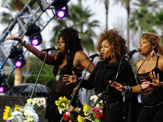 Backup singers for the band Girls performs during Day 1 of the 2012 Coachella Valley Music and Arts Festival held at the Empire Polo Club in Indio, Californiaornia. (AFP/Frazer Harrison)