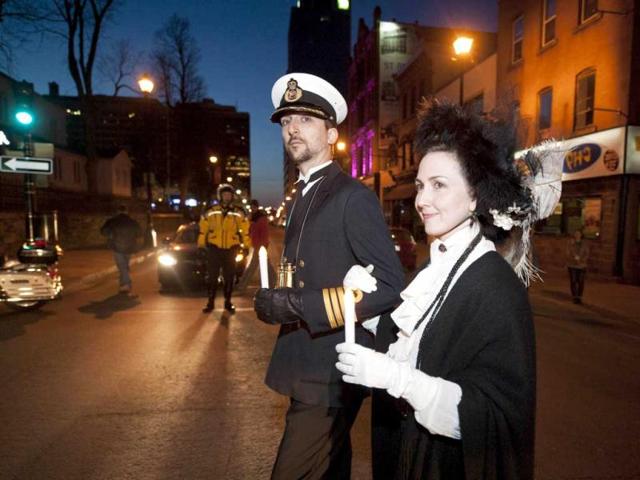 People gather at Halifax remember Titanic sinking with funeral procession, song and performance Night of the Bells event in the Grand Parade square to mark the sinking of the RMS Titanic. AFP/Rogerio Barbosa