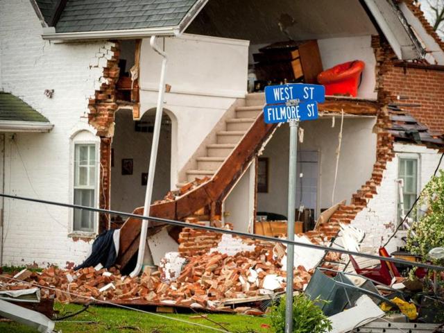 Damage from an apparent tornado is seen in Thurman, Iowa. The storms were part of a massive system that affected areas from Northern Nebraska south through Oklahoma. Eric Francis/Getty Images)/AFP
