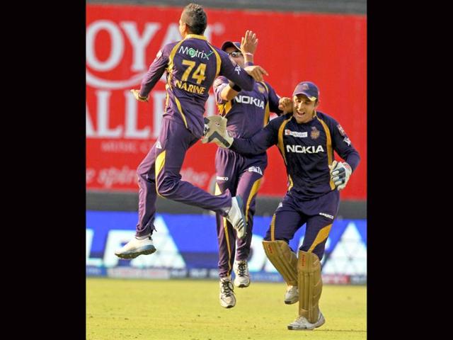 Kolkata Knight Riders players celebrate after taking the wicket of Shaun Marsh of Kings XI Punjab during IPL T20 match at Eden Gardens in Kolkata. PTI/Ashok Bhaumik