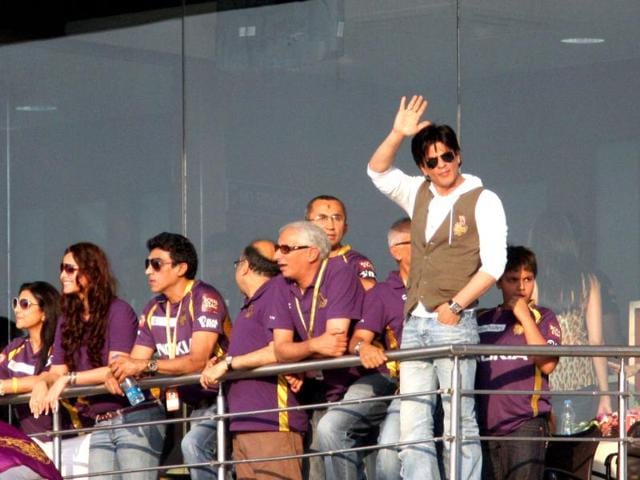 Co-owner Shah Rukh Khan cheers for Kolkata Knight Riders during the IPL match against KXIP at Eden Gardens in Kolkata.