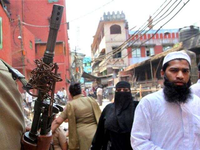 Tight security in Jama Masjid area during MCD elections in New Delhi. PTI Photo by Atul Yadav